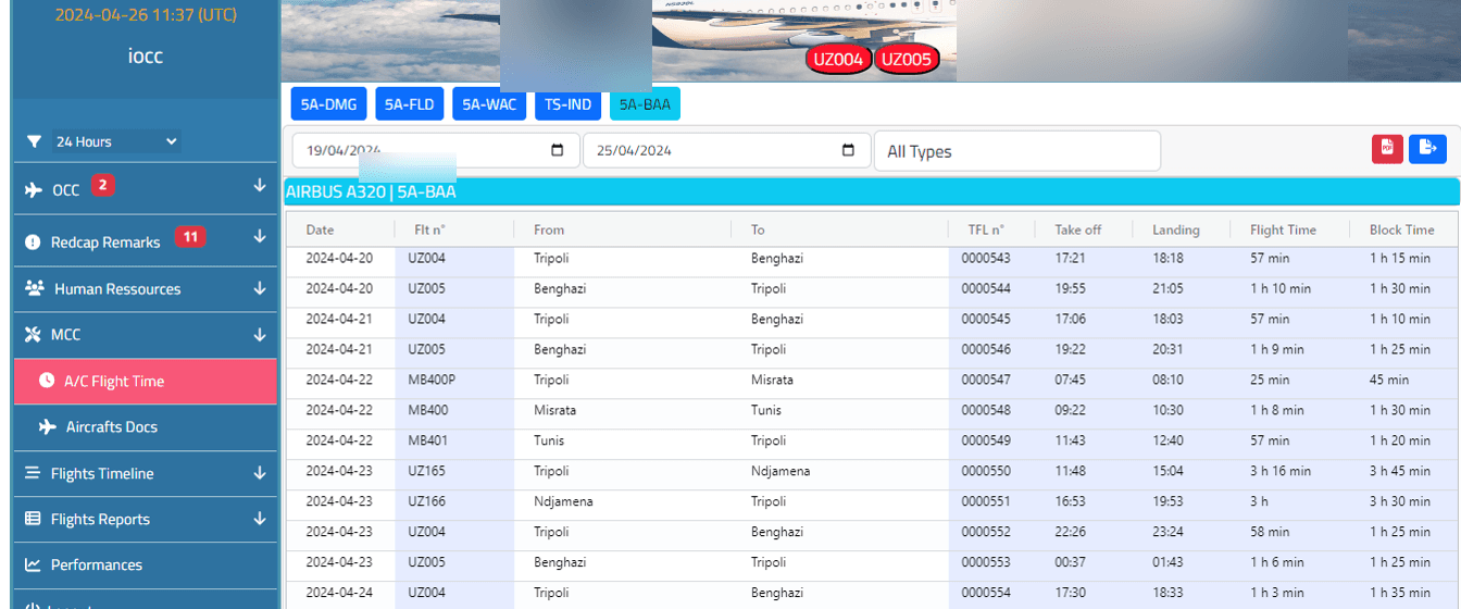 iSky airline operations table showing live flight dispatch.