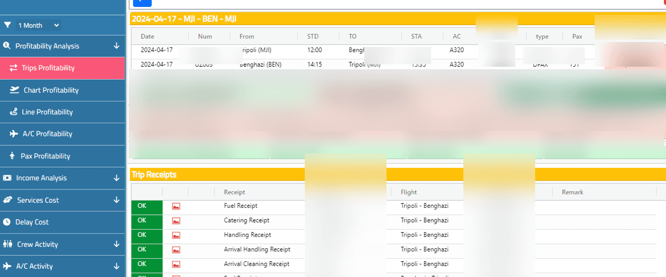 iSky trip financial and direct operating cost breakdown.